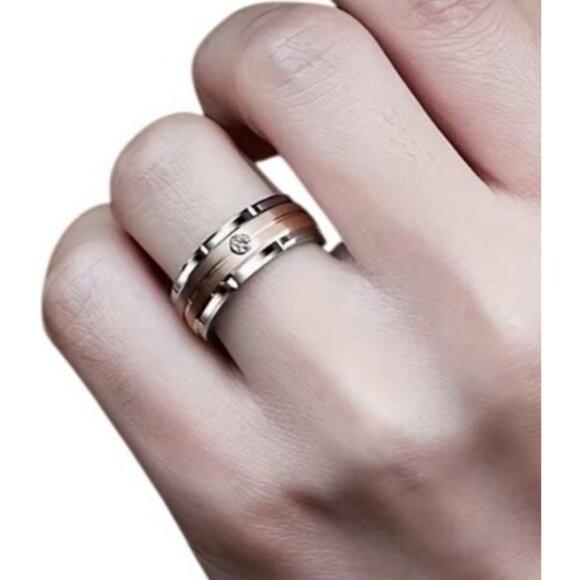 Tungsten Steel Beveled Double Channel Brushed Rose Gold Statement Wedding Ring - Picture 6 of 6